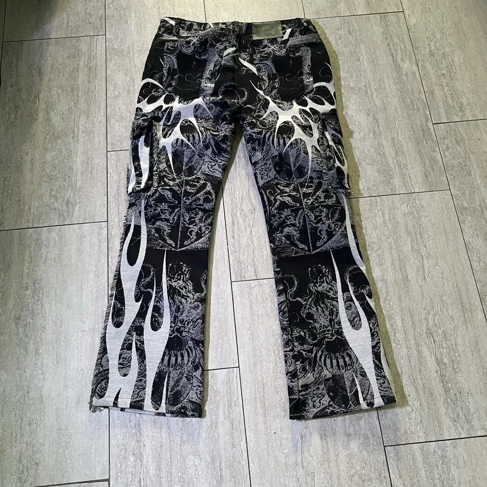 Rebel Vengeance Pants Mens 34x34 Black Flame Tapestry Cargo Gothic Stacked Fit